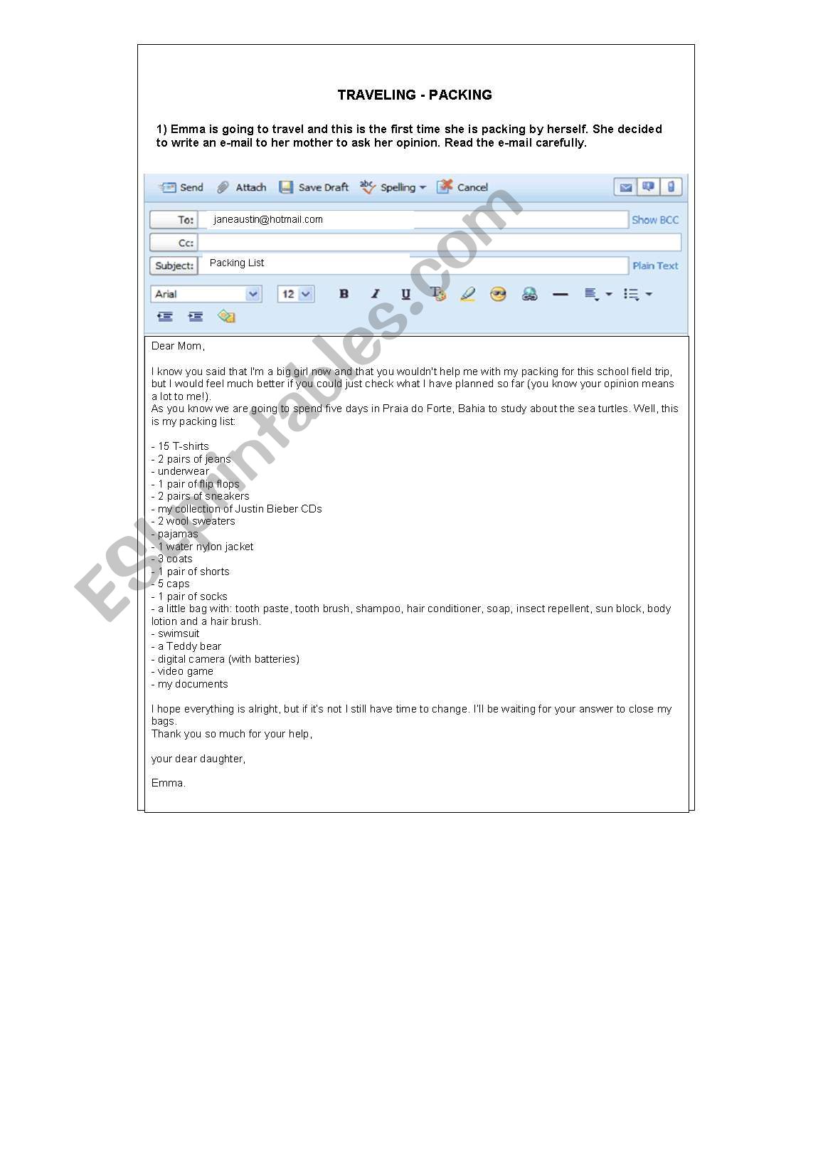 Packing - Traveling worksheet