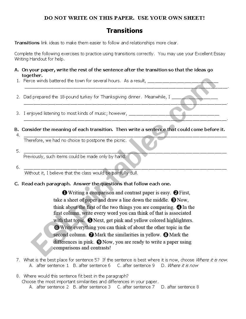 Transitions worksheet