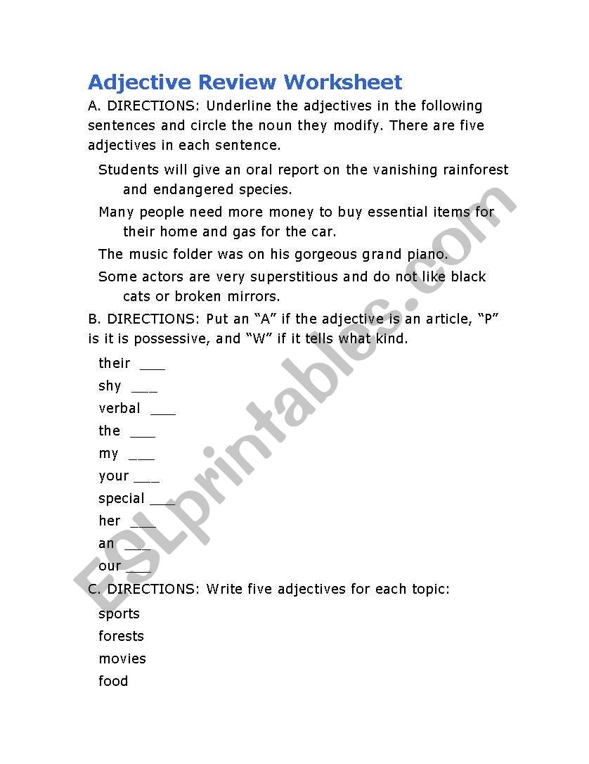 Adjective Exercise worksheet