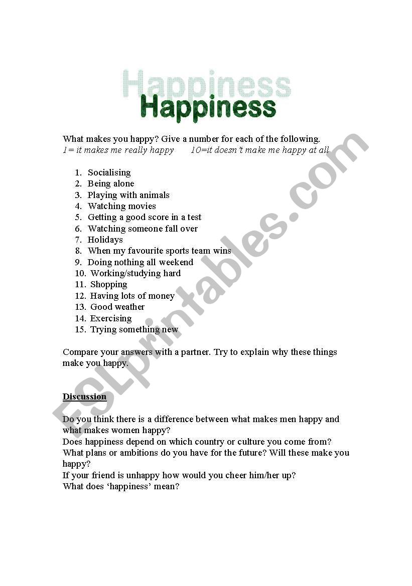 Happiness Speaking Worksheet worksheet