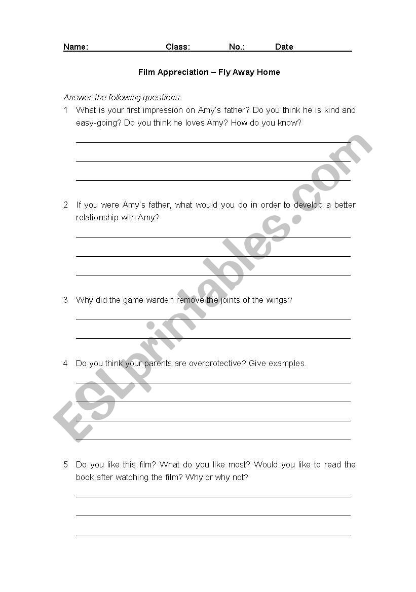 Fly Away Home worksheet