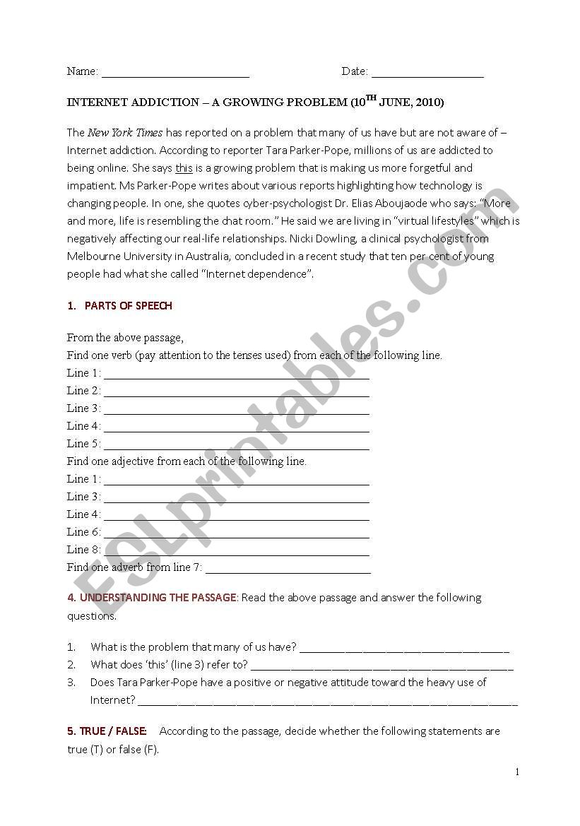 Internet addict worksheet