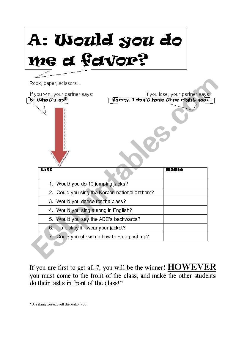Would you do me a favor? worksheet
