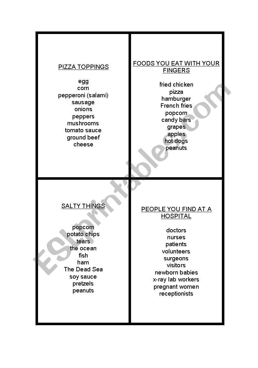 Outburst - more cards worksheet