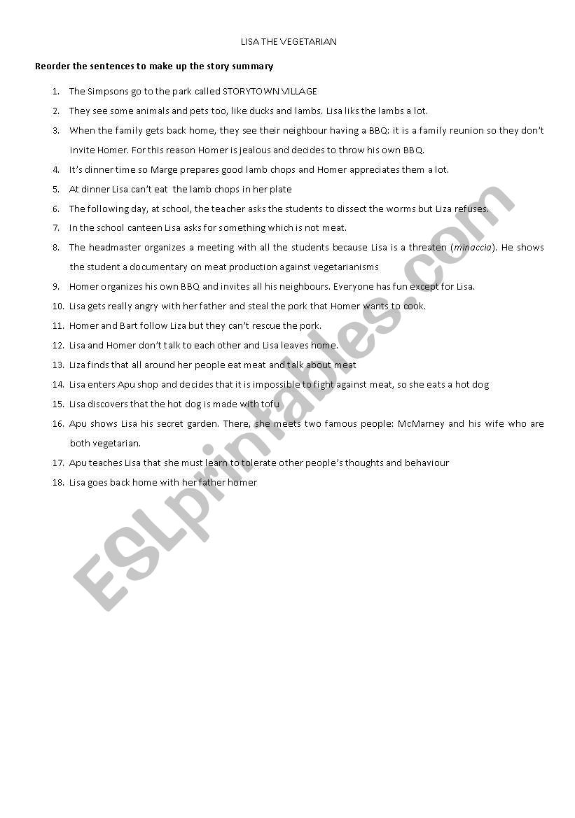 Lisa the Vegetarian worksheet