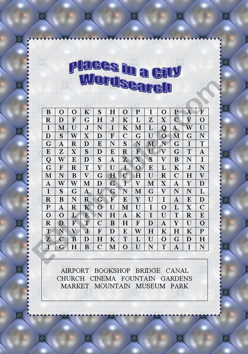 Places in a city Wordsearch worksheet