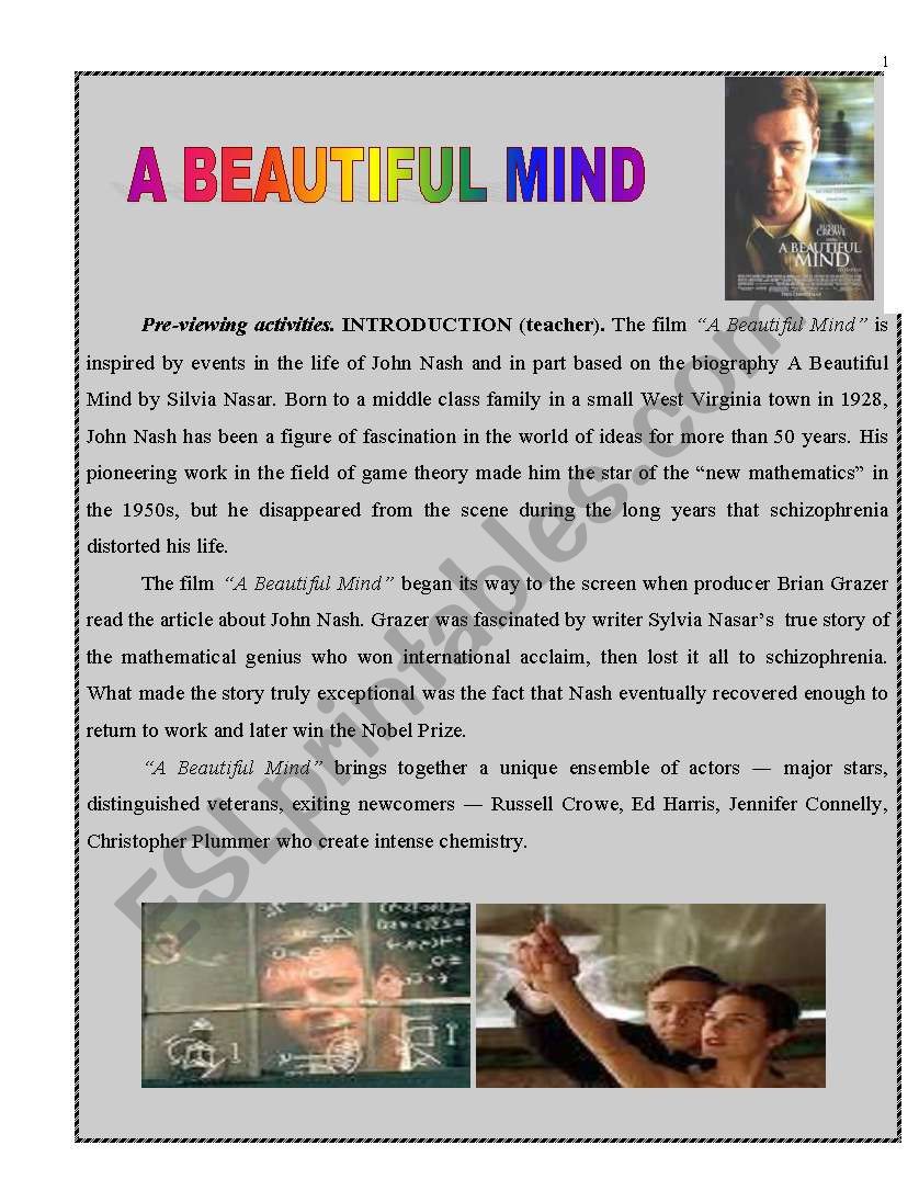 A BEAUTIFUL MIND MOVIE LESSON PLAN + WORKSHEETS (PART 1) 