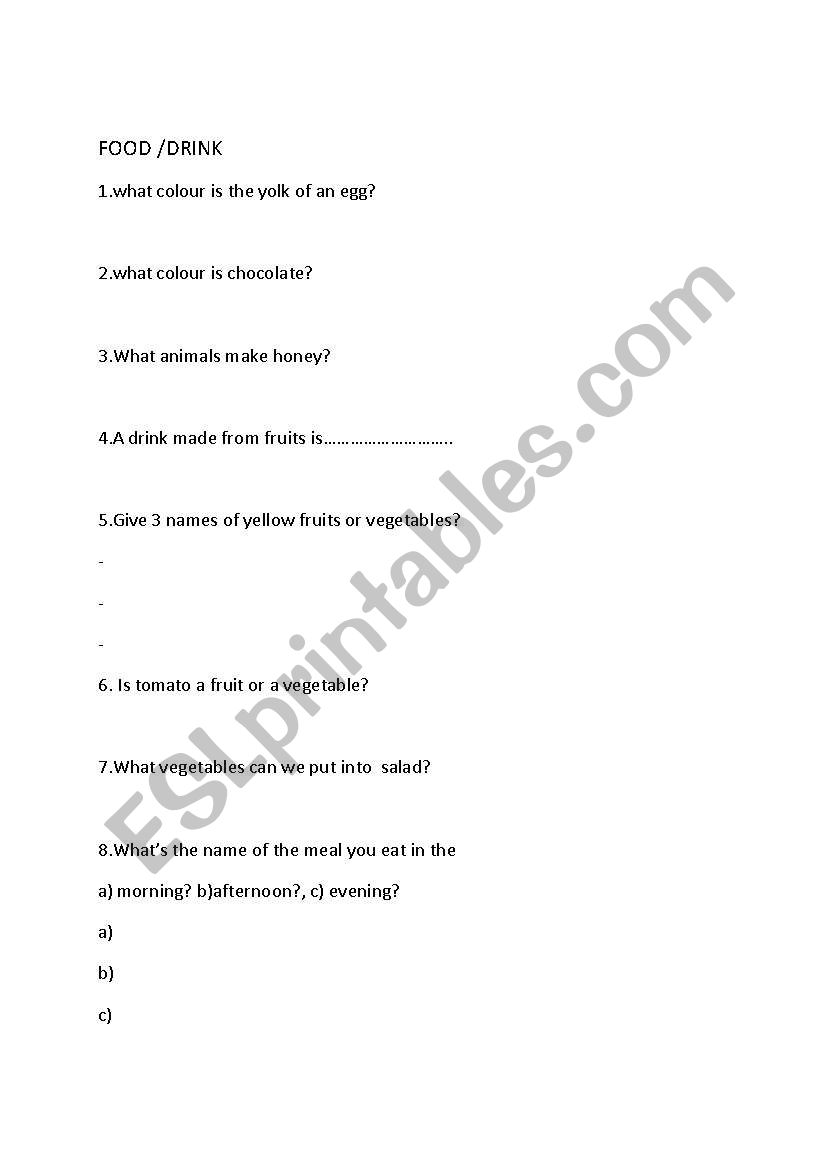 food -simple questions worksheet