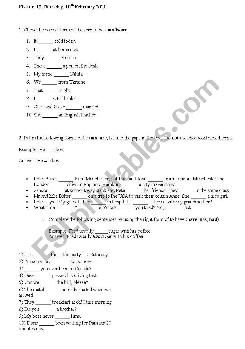 The verb TO BE and TO HAVE worksheet