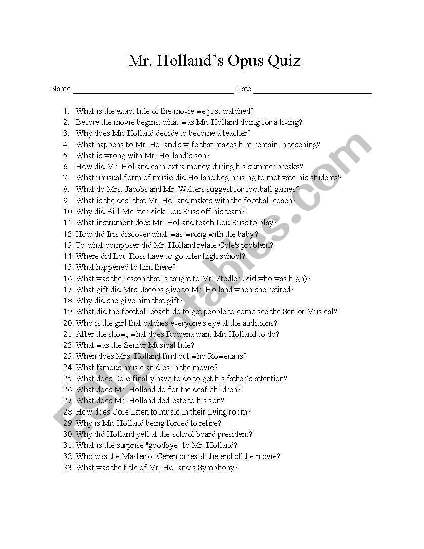 Mr. Hollands Opus Movie Quiz worksheet