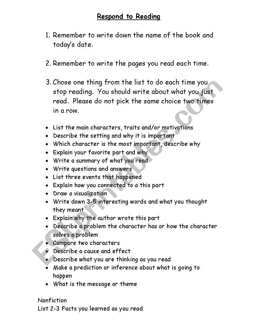 Reading Responses worksheet