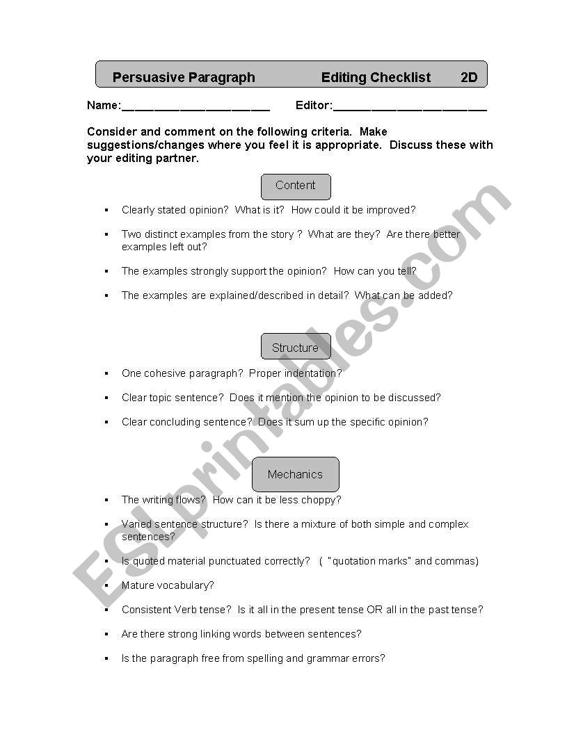 Persuasive Paragraph Edit sheet