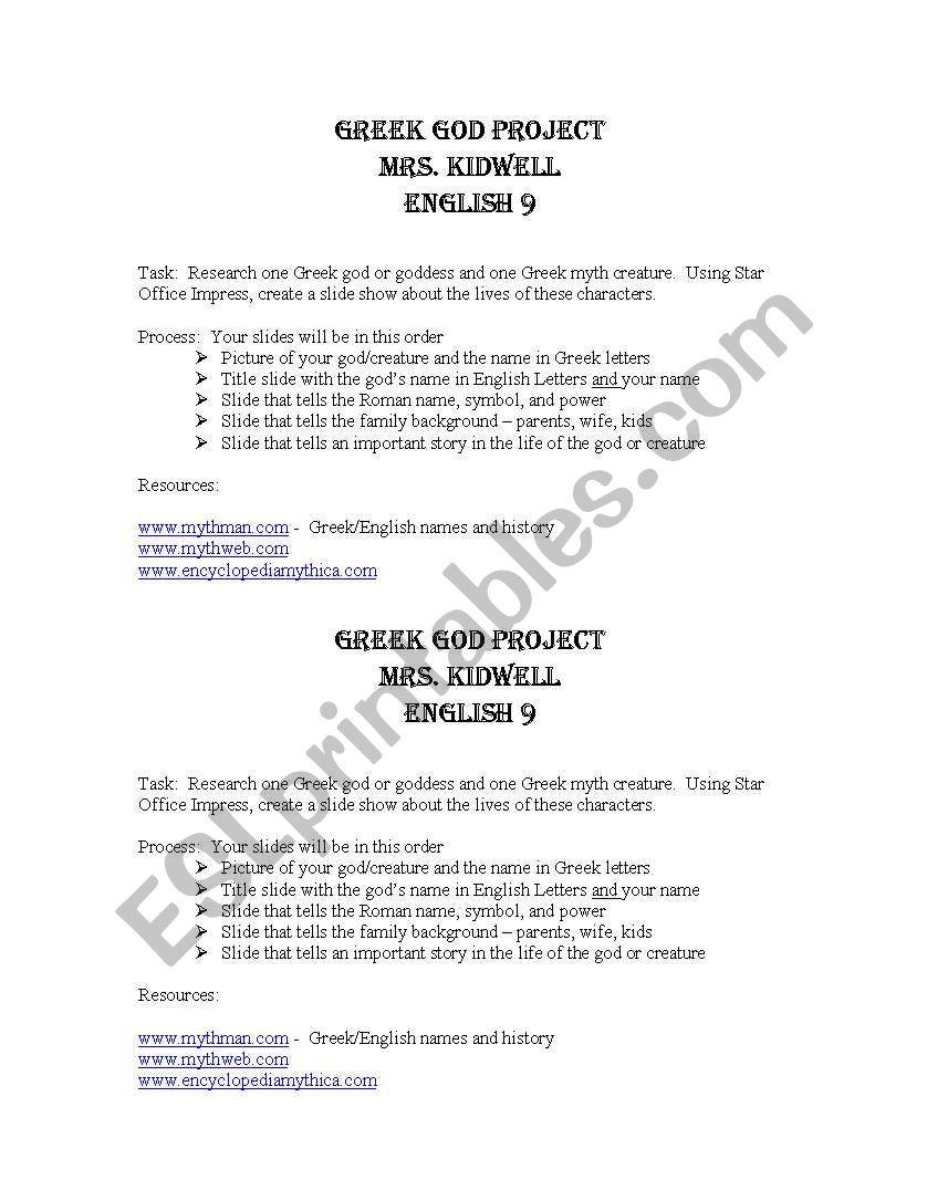 Greek Gods  and Goddesses worksheet