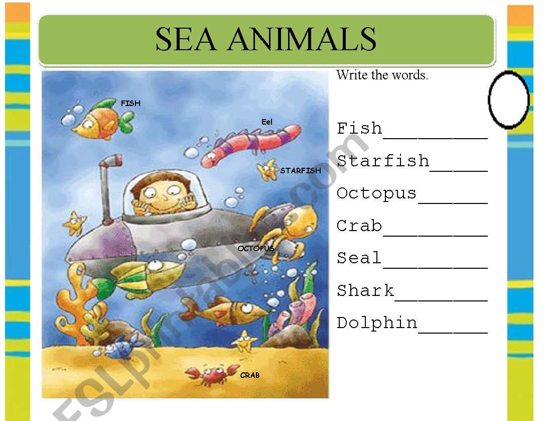 Sea Animals pre-writing worksheet