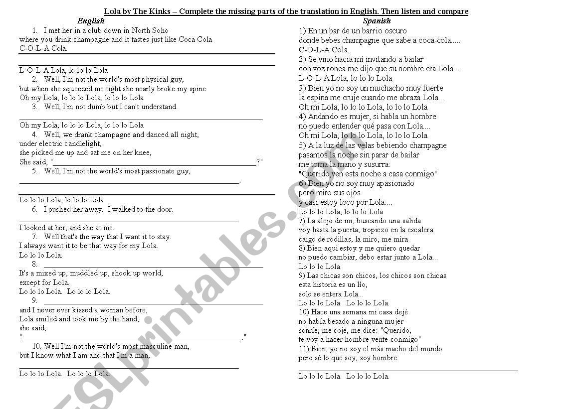 Lola -The Kinks worksheet