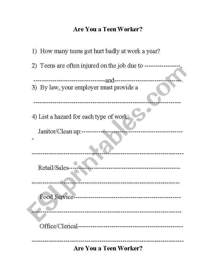 Are you a Teen Worker? worksheet