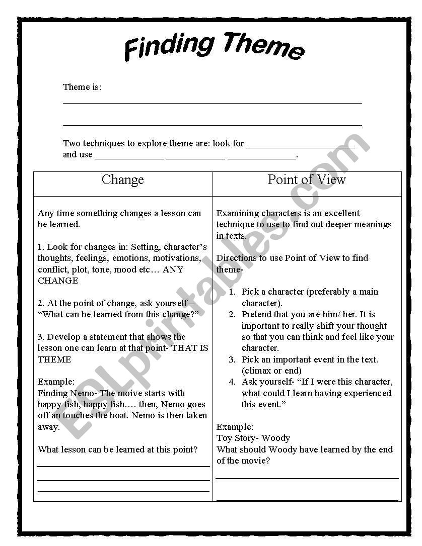 Theme Reading Strategy worksheet