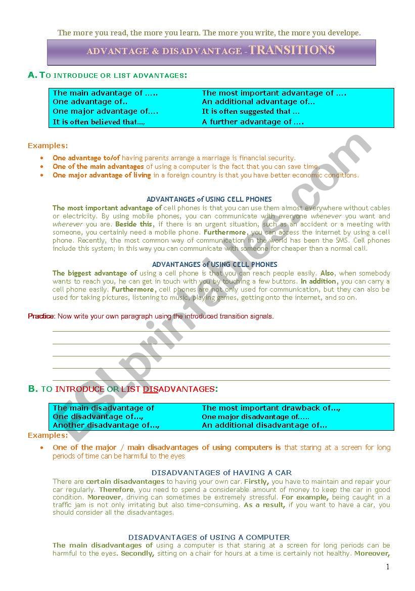 Advantages and Disadvantages worksheet