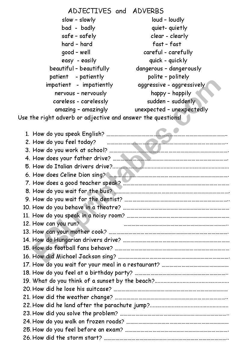 Adjectives and adverbs worksheet