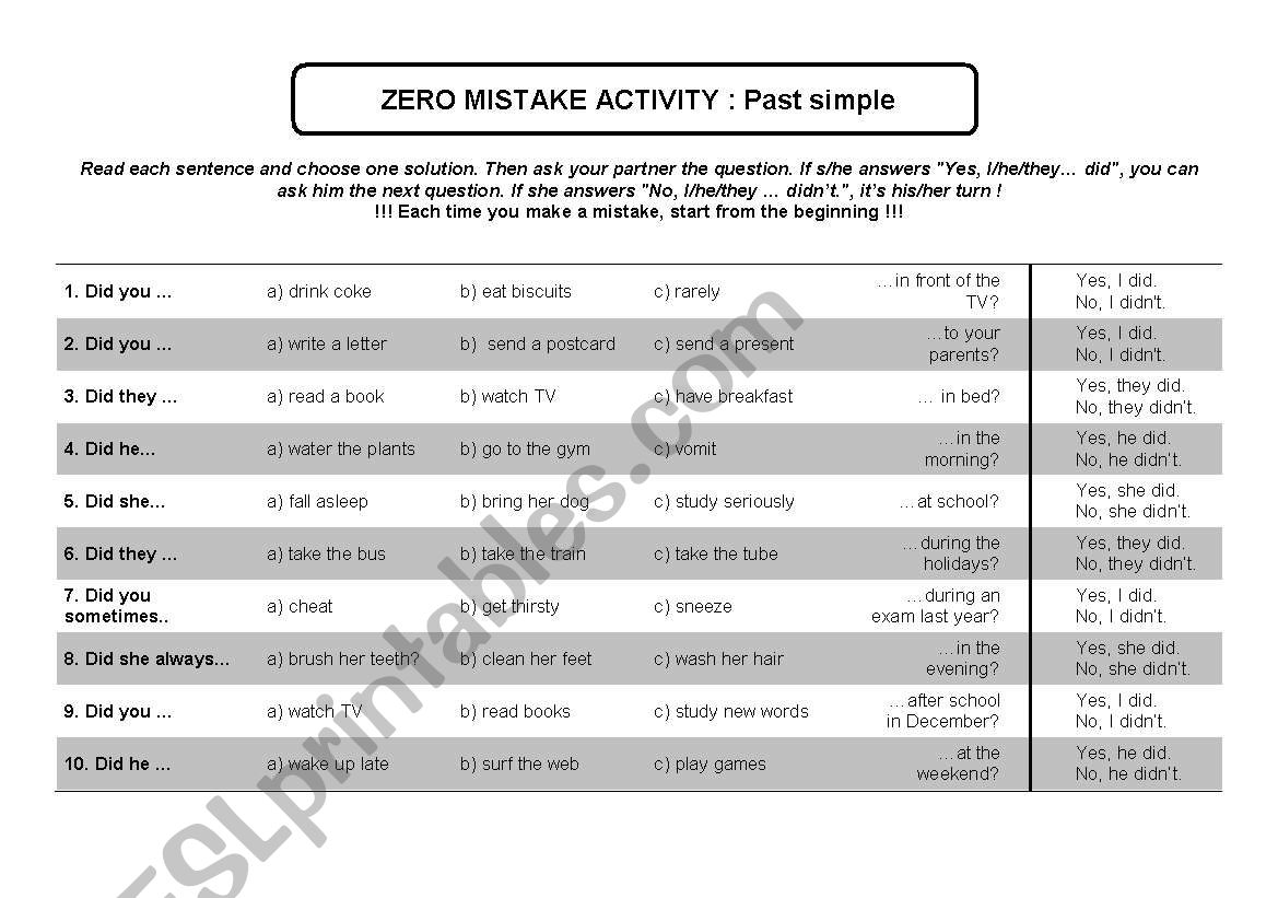 Zero Mistake Activity - Past Simple Tense