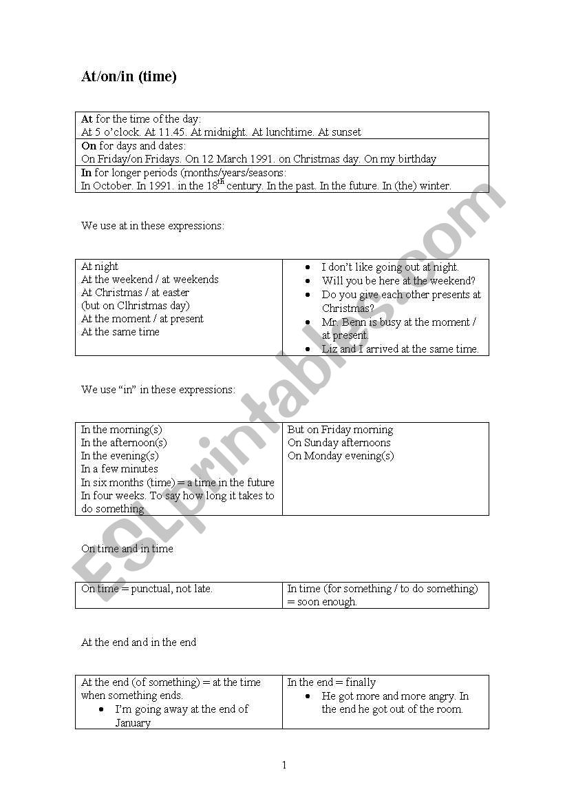 in/at/on worksheet