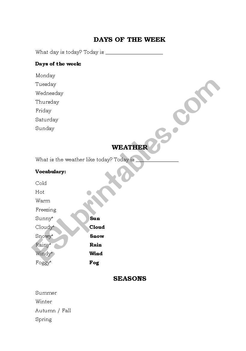 Days of the week, Weather, Seasons