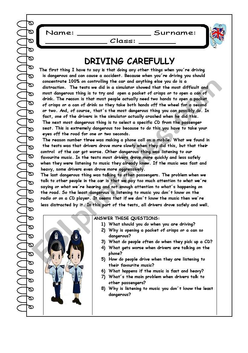 DRIVING CAREFULLY worksheet