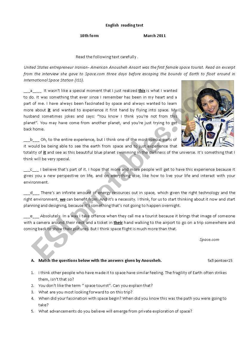 Space tourism worksheet