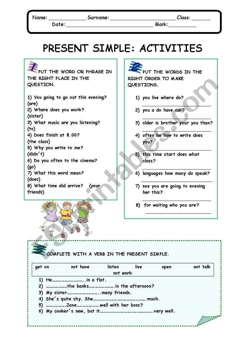 PRESENT SIMPLE: ACTIVITIES worksheet