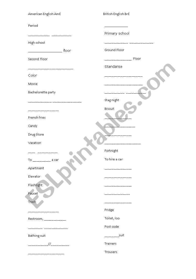 American and British English worksheet