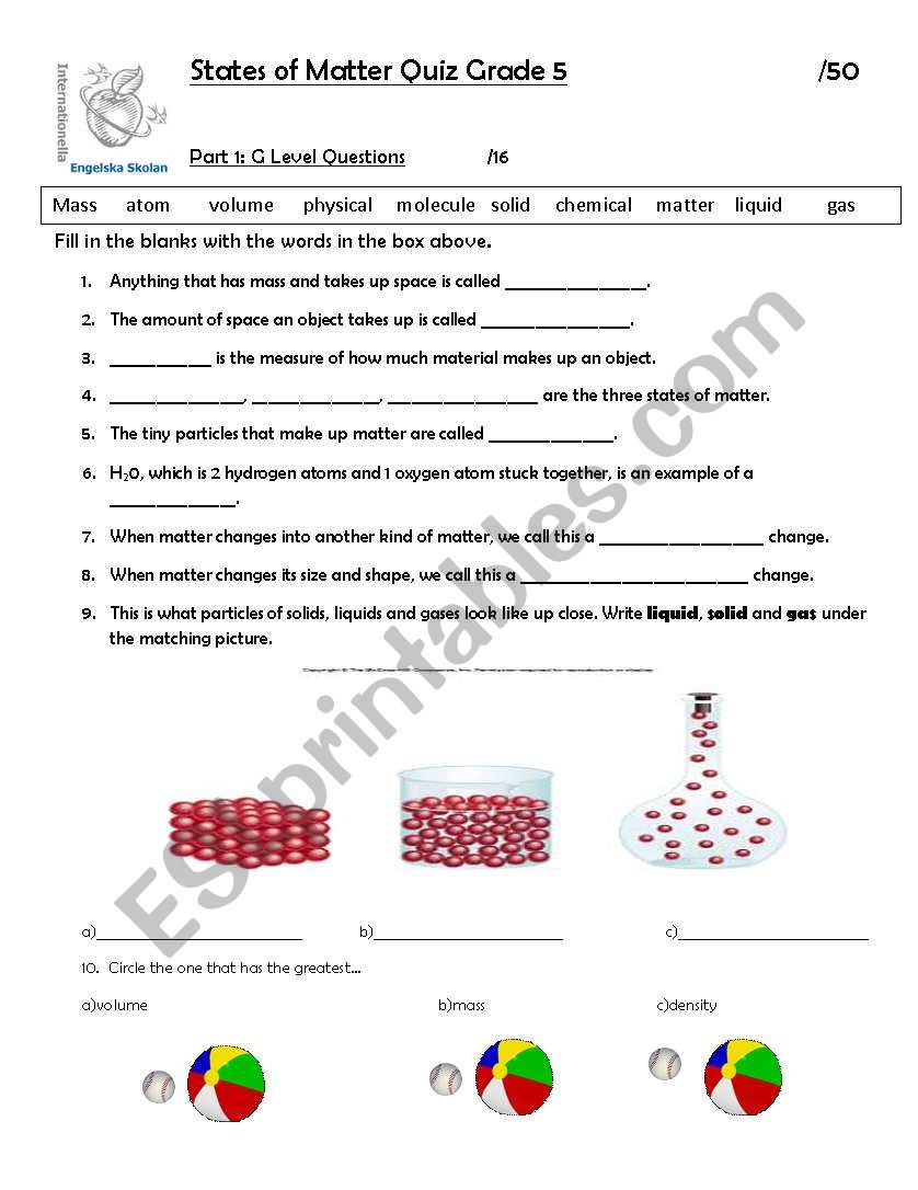 States of Matter Test - ESL worksheet by victoriaproulx Within Physical Properties Of Matter Worksheet