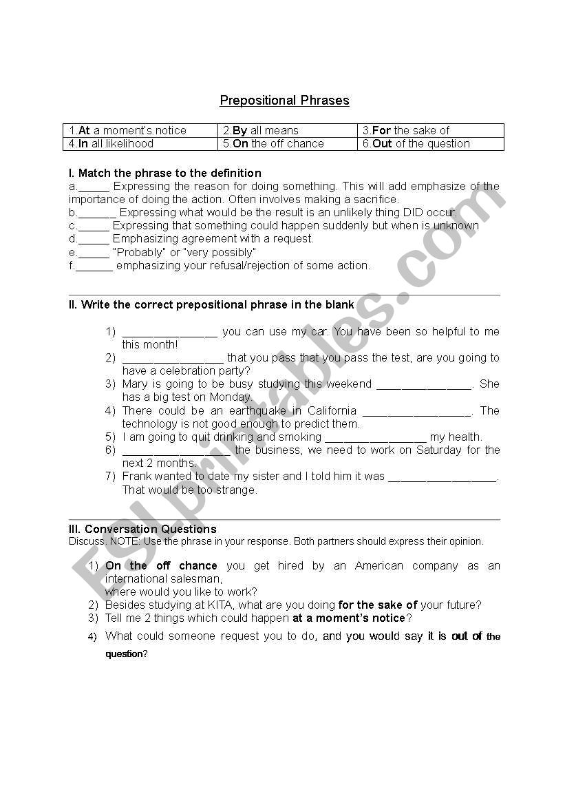 Prepositional Phrases Activity Sheet