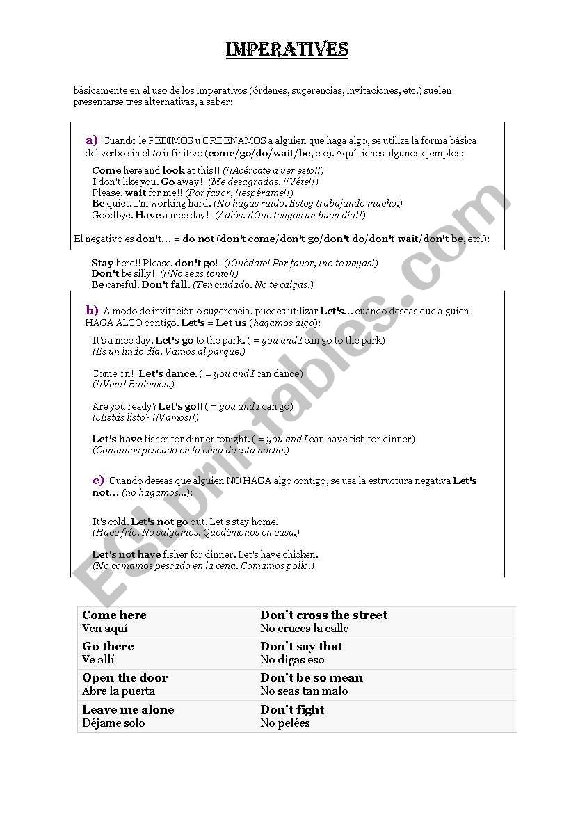 Explanation Imperatives worksheet