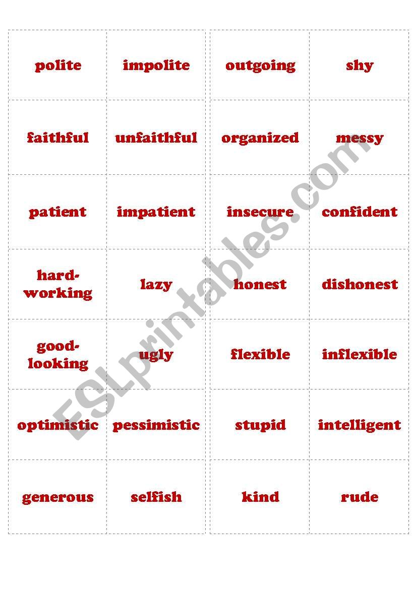 Adjectives memory game worksheet