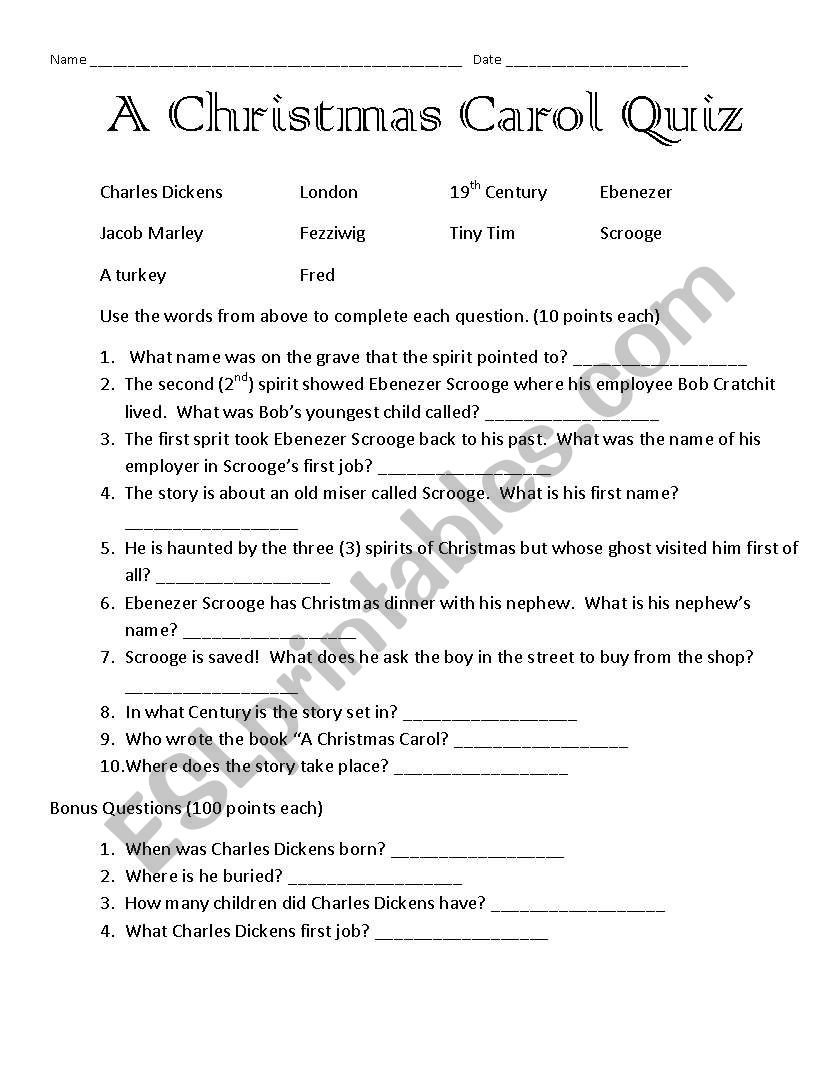 A Christmas Carol - Quiz worksheet