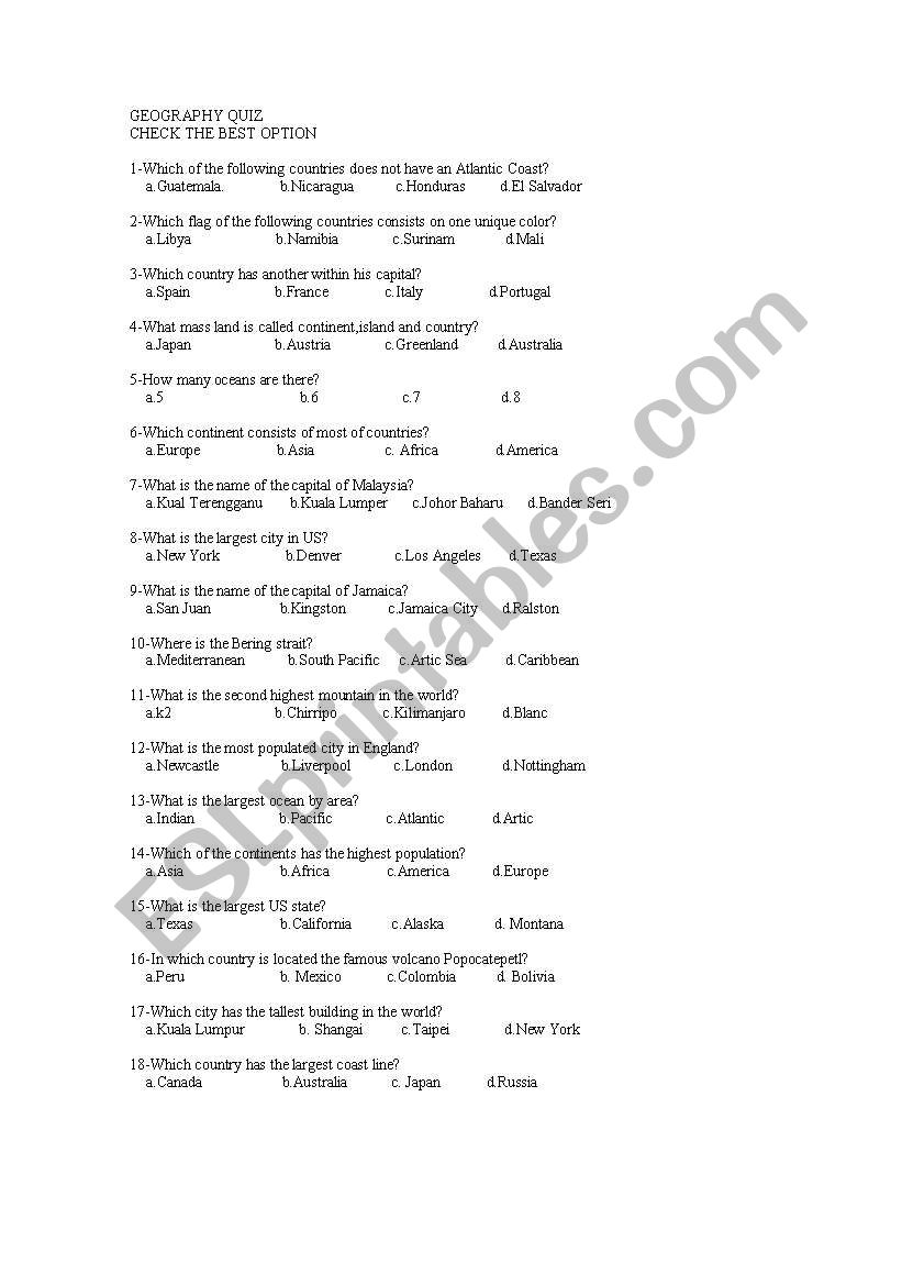GEOGRAPHY TEST worksheet