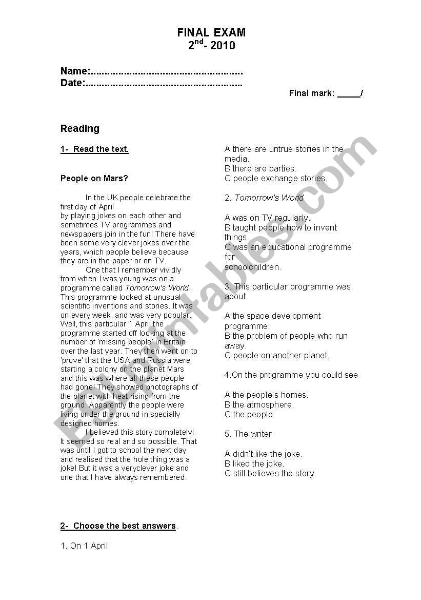 final exam worksheet