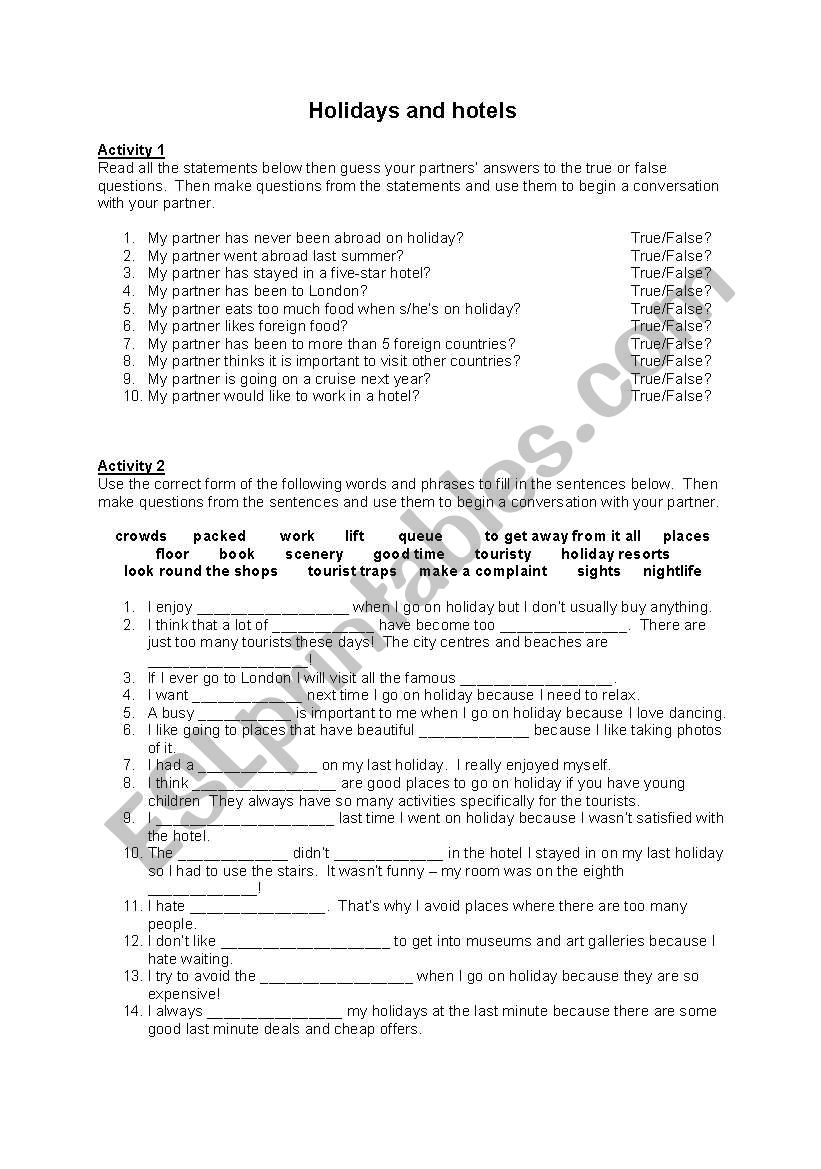 Holidays and hotels worksheet