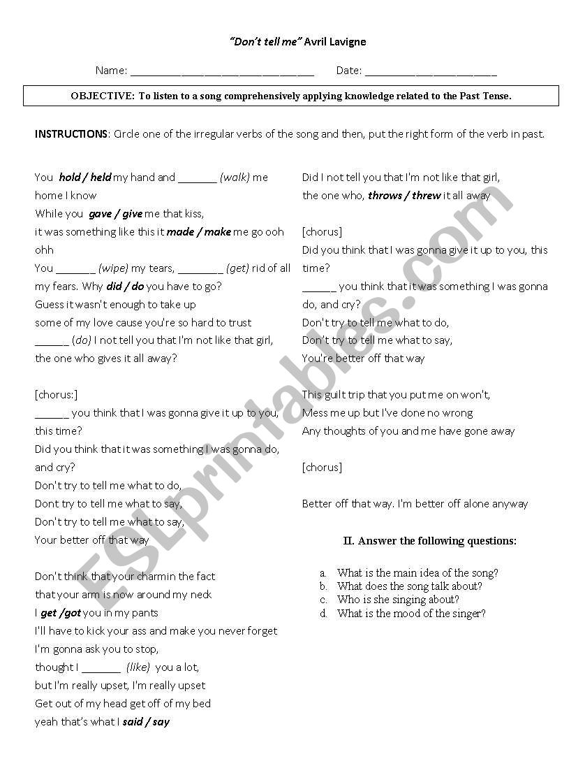 Dont tell me - Avril lavigne worksheet