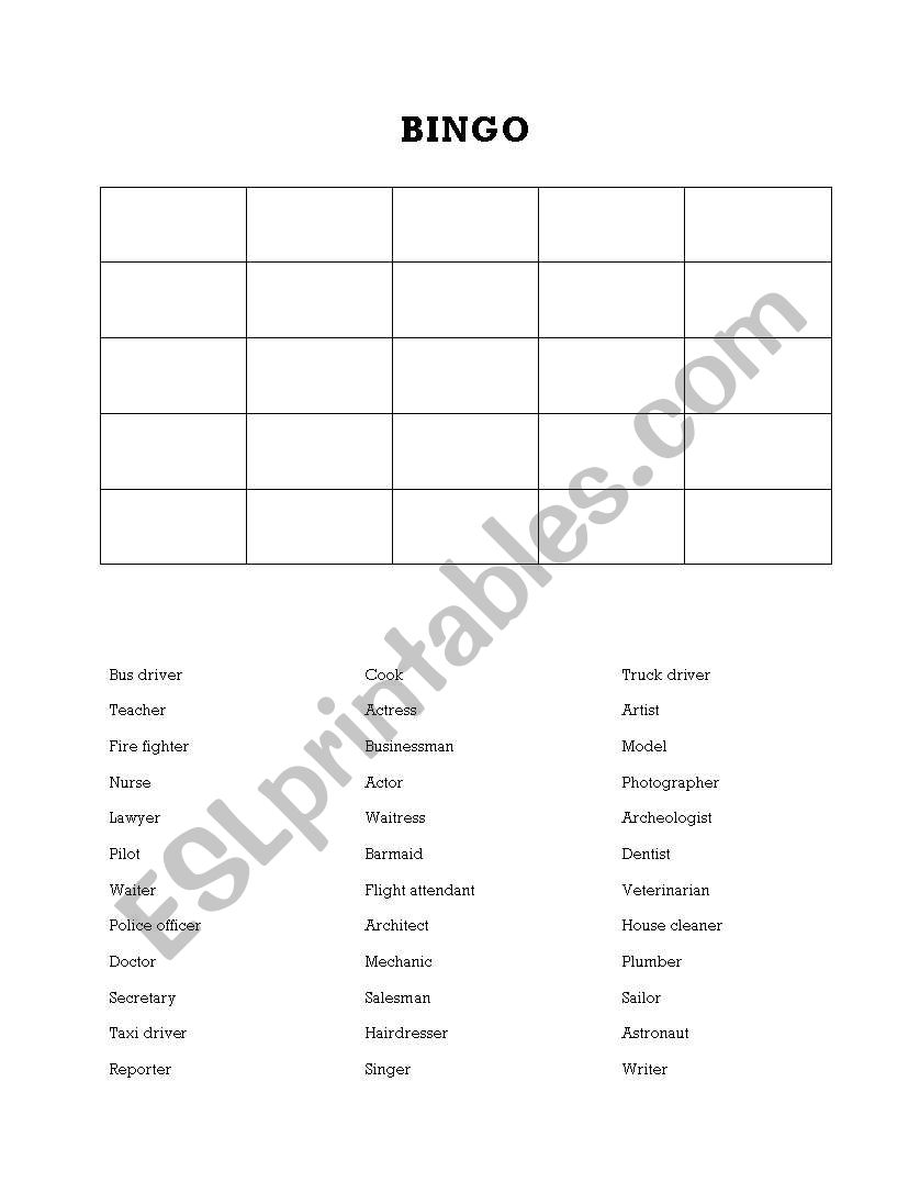 Occupation BINGO worksheet