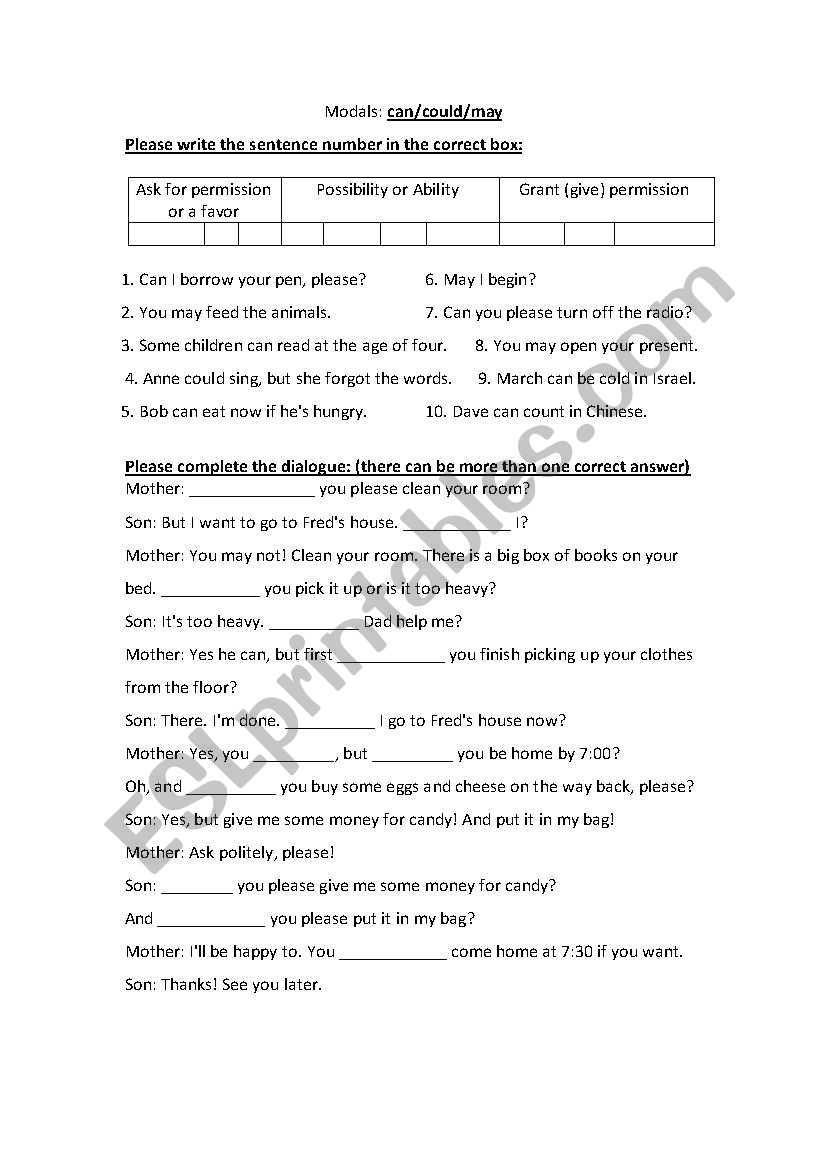 Modals - CAN - COULD - MAY worksheet