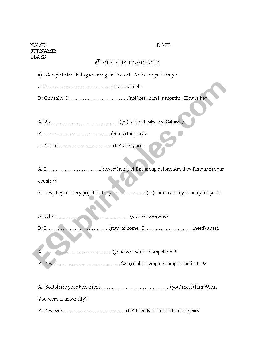 present perfect worksheet