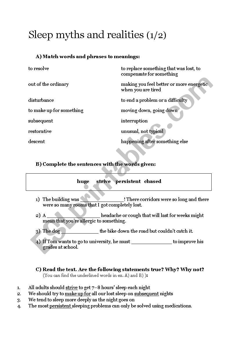 Sleep myths and realities worksheet