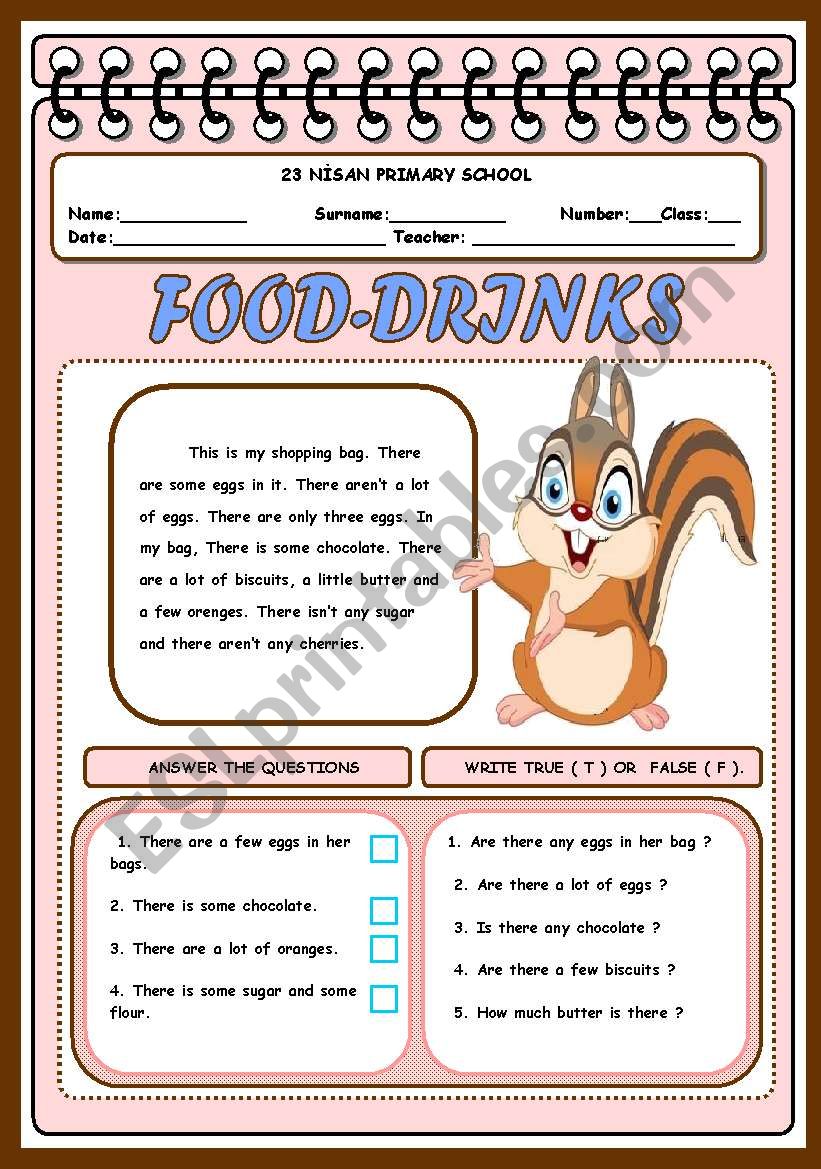 food drinks worksheet