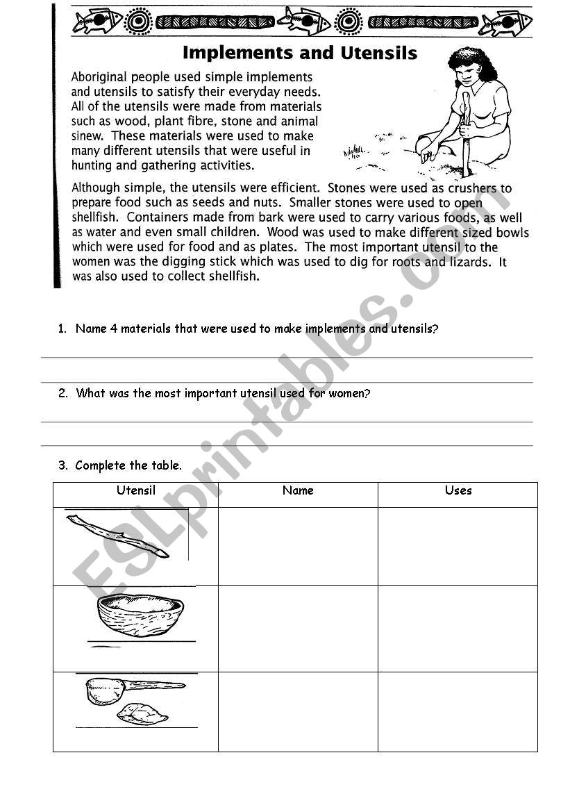 Implements and Utensils worksheet
