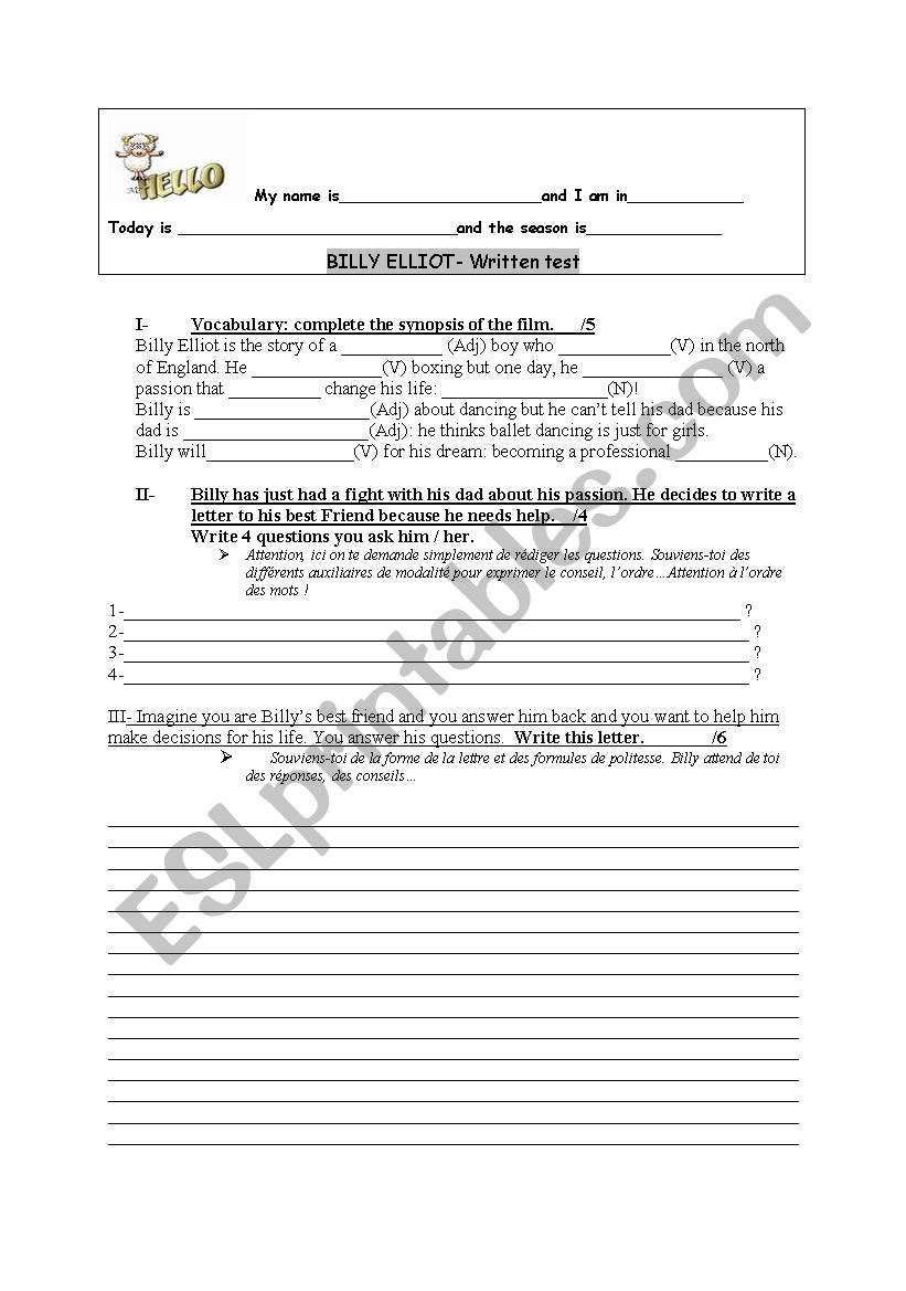 BILLY ELLIOT worksheet