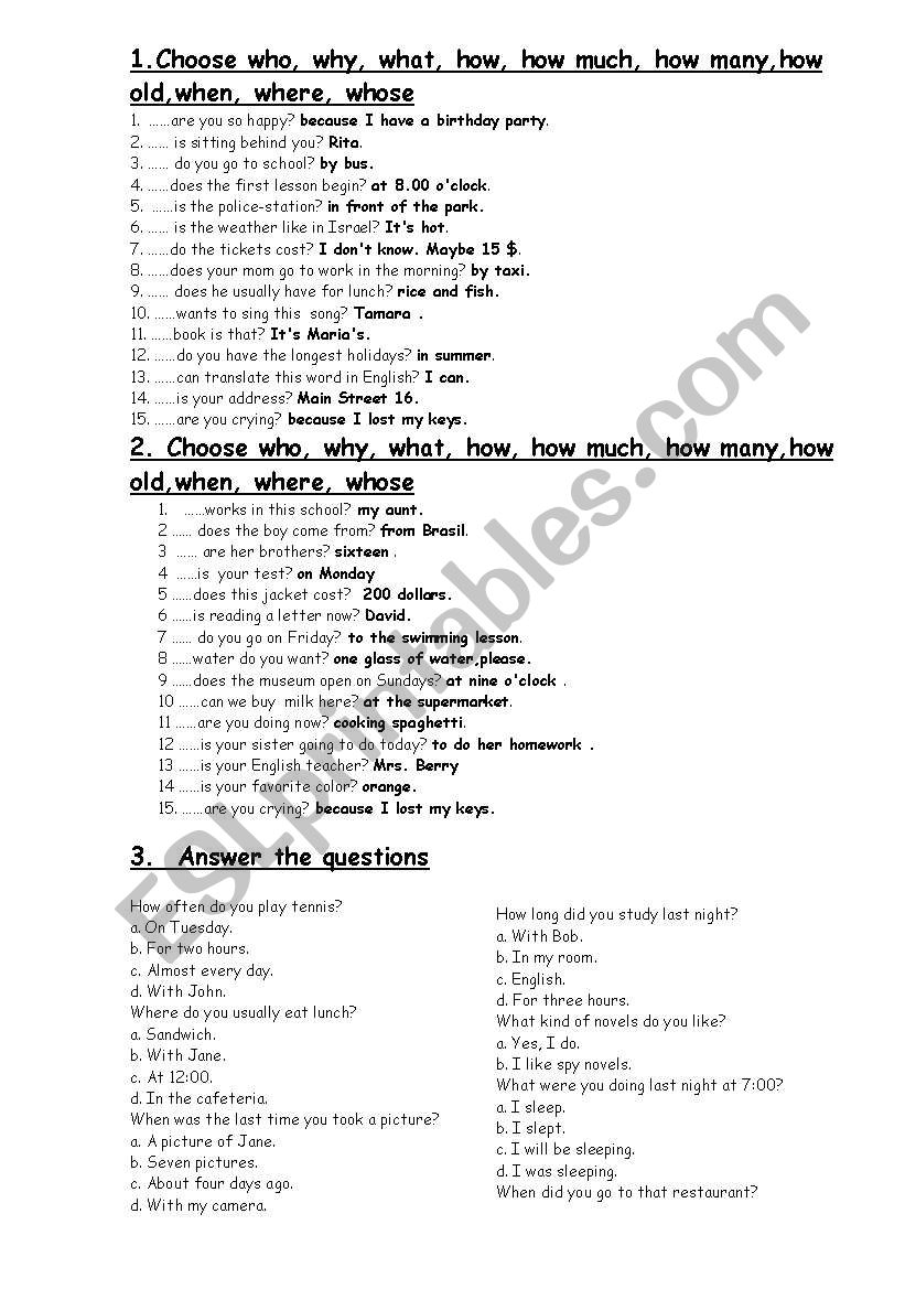 Question words worksheet