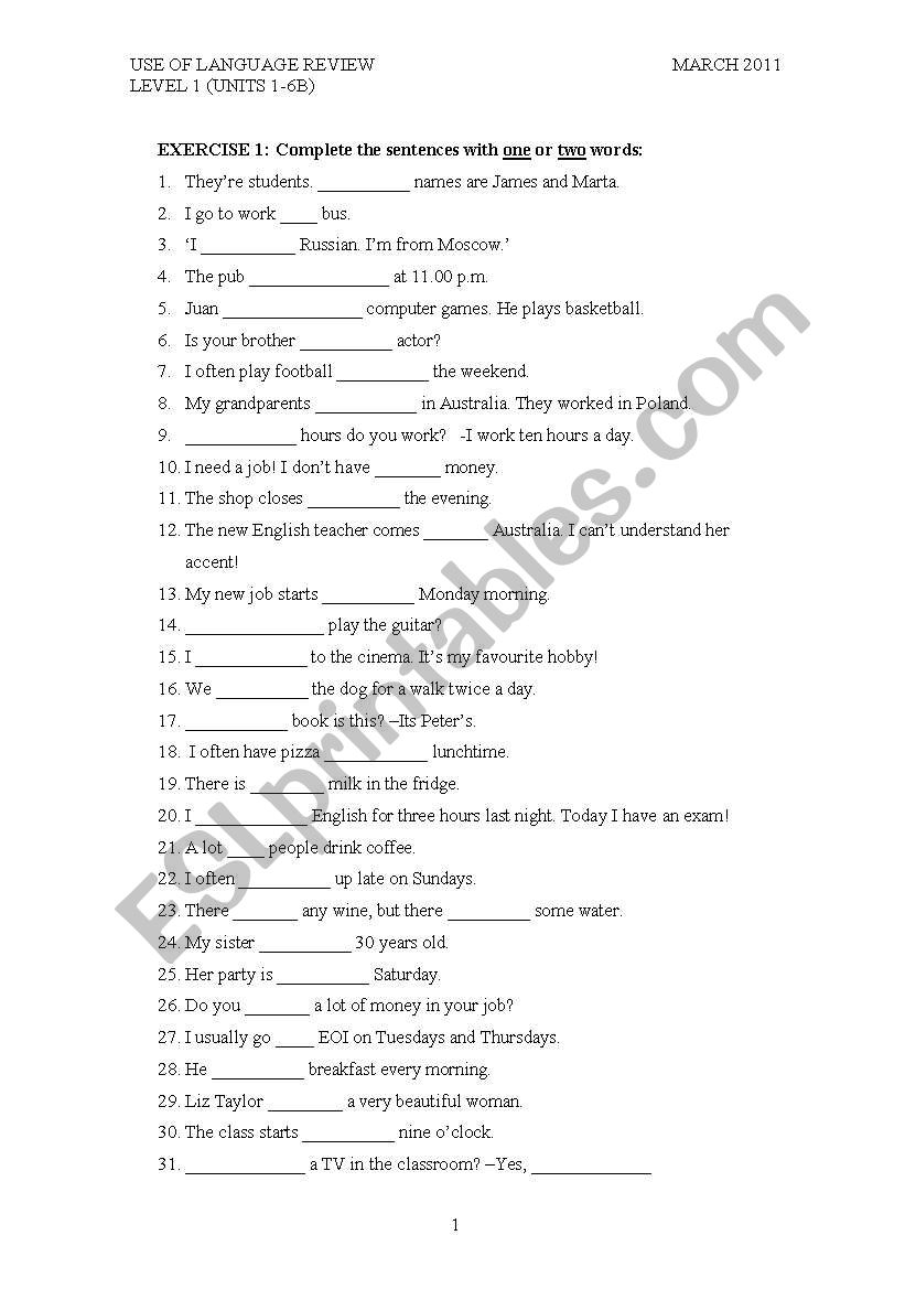 Elementary use of language test