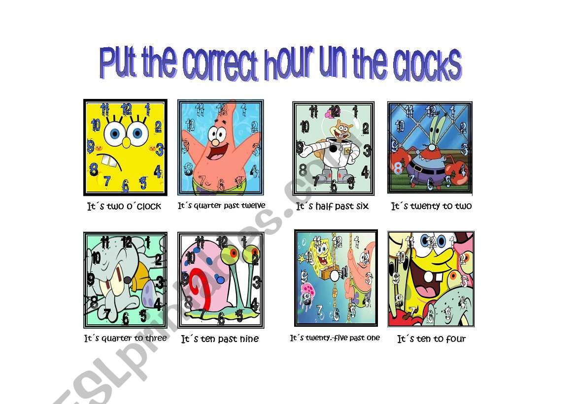 Put the correct hour in the spongebob clocks