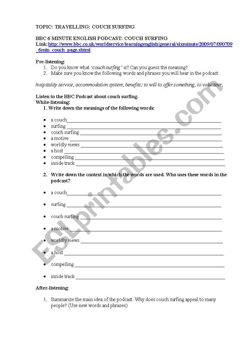 Couchsurfing worksheet